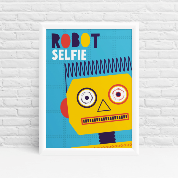 Robot selfie yellow original fun wall art by Ibbleobble®
