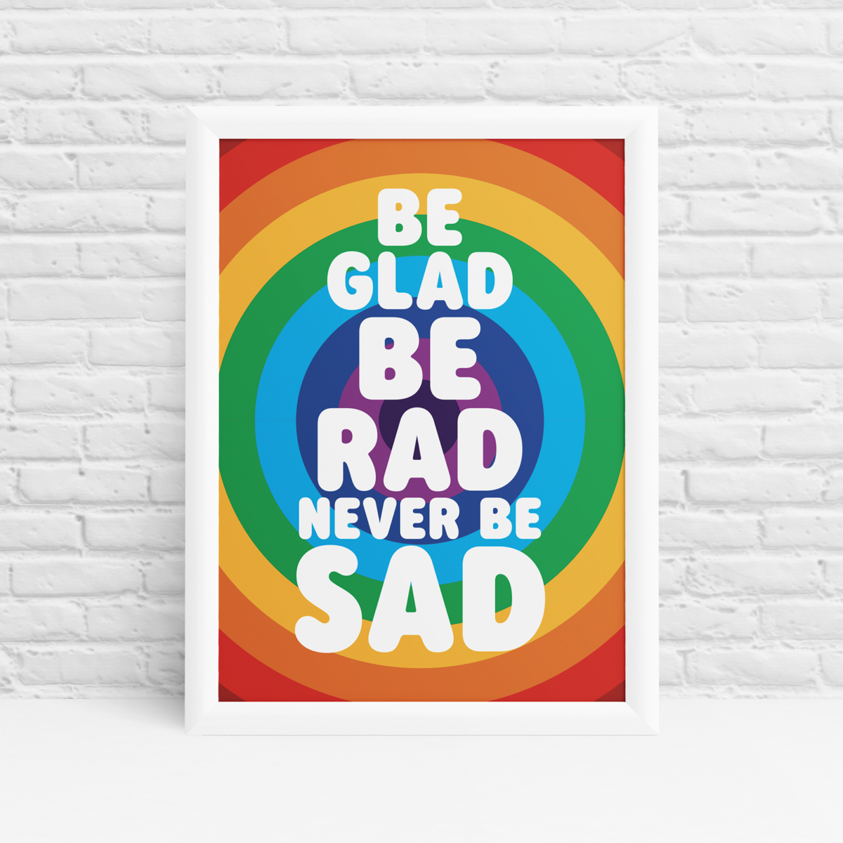 'Never Be Sad' rainbow design positive vibes wall art by Ibbleobble®